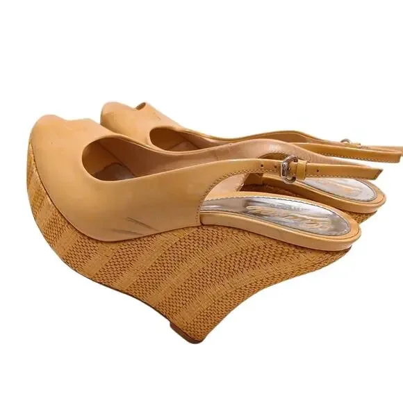 Gucci Patent Leather Strafish Raffia Wedge Slingback Sz 39.5 Tan Beige Vernice